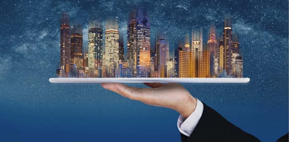 A hand holding a tablet with a city skyline

Description automatically generated